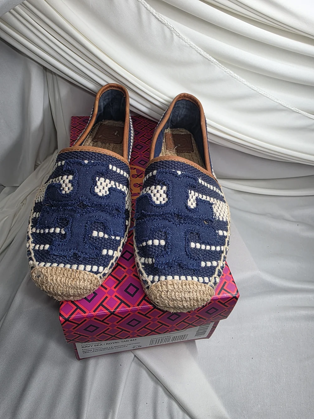Tory Burch Navy Blue and Natural Espadrille Flats
